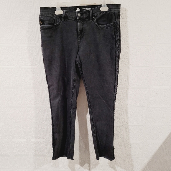 Karl Lagerfeld Fray Side Raw Hem High Rise Jeans - Picture 2 of 8